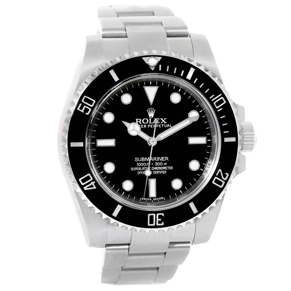 This image shows a front view of a Rolex Submariner 114060 Men's Stainless Steel Black Dial 114060 Men's Stainless Steel Black Dial watch, displaying the bezel, dial, and bracelet.