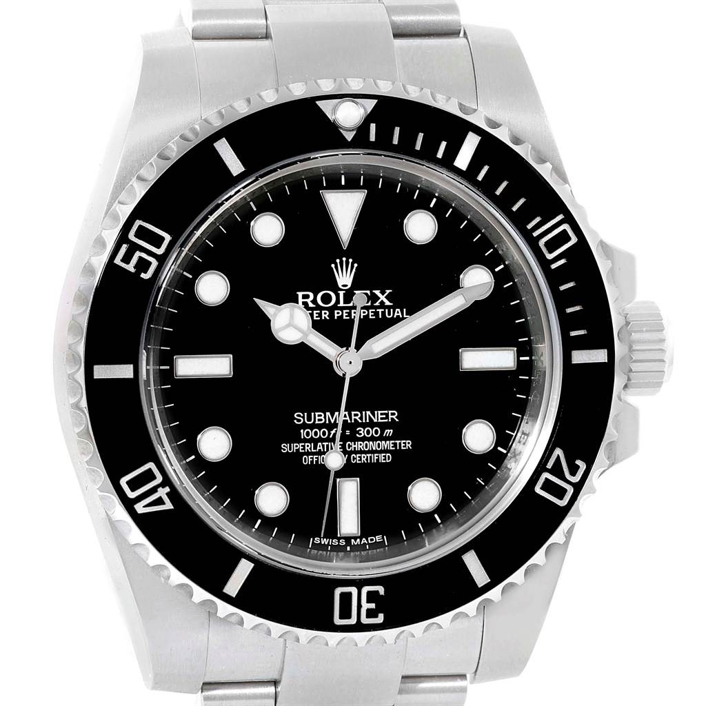 The image shows a front view of a Rolex Submariner 114060 Men's Stainless Steel Black Dial 114060 Men's Stainless Steel Black Dial watch, highlighting the dial, bezel, and bracelet.