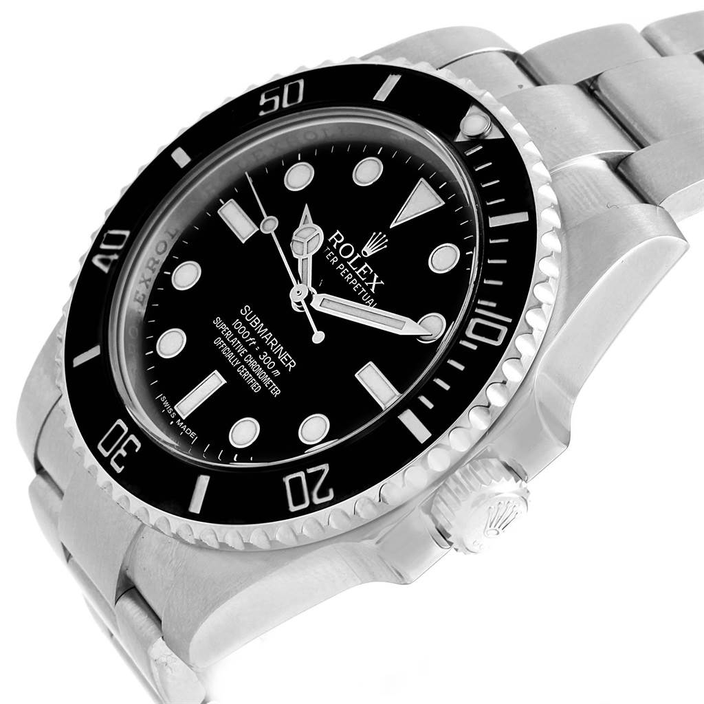 This image shows a close-up side angle of the Rolex Submariner 114060 Men's Stainless Steel Black Dial 114060 Men's Stainless Steel Black Dial watch, highlighting its bezel, dial, and part of the bracelet.