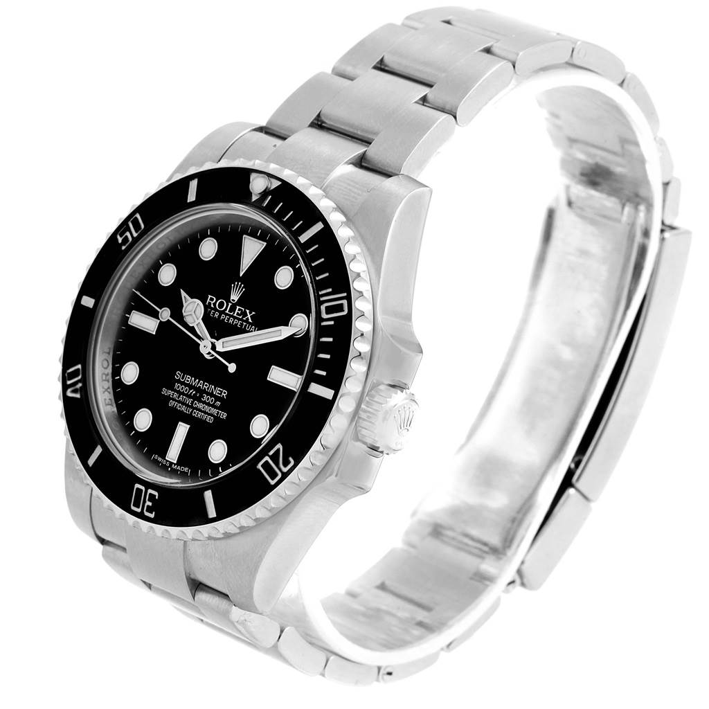 This image shows a Rolex Submariner 114060 Men's Stainless Steel Black Dial 114060 Men's Stainless Steel Black Dial from a three-quarter angle, highlighting its black dial, bezel, and stainless steel bracelet.