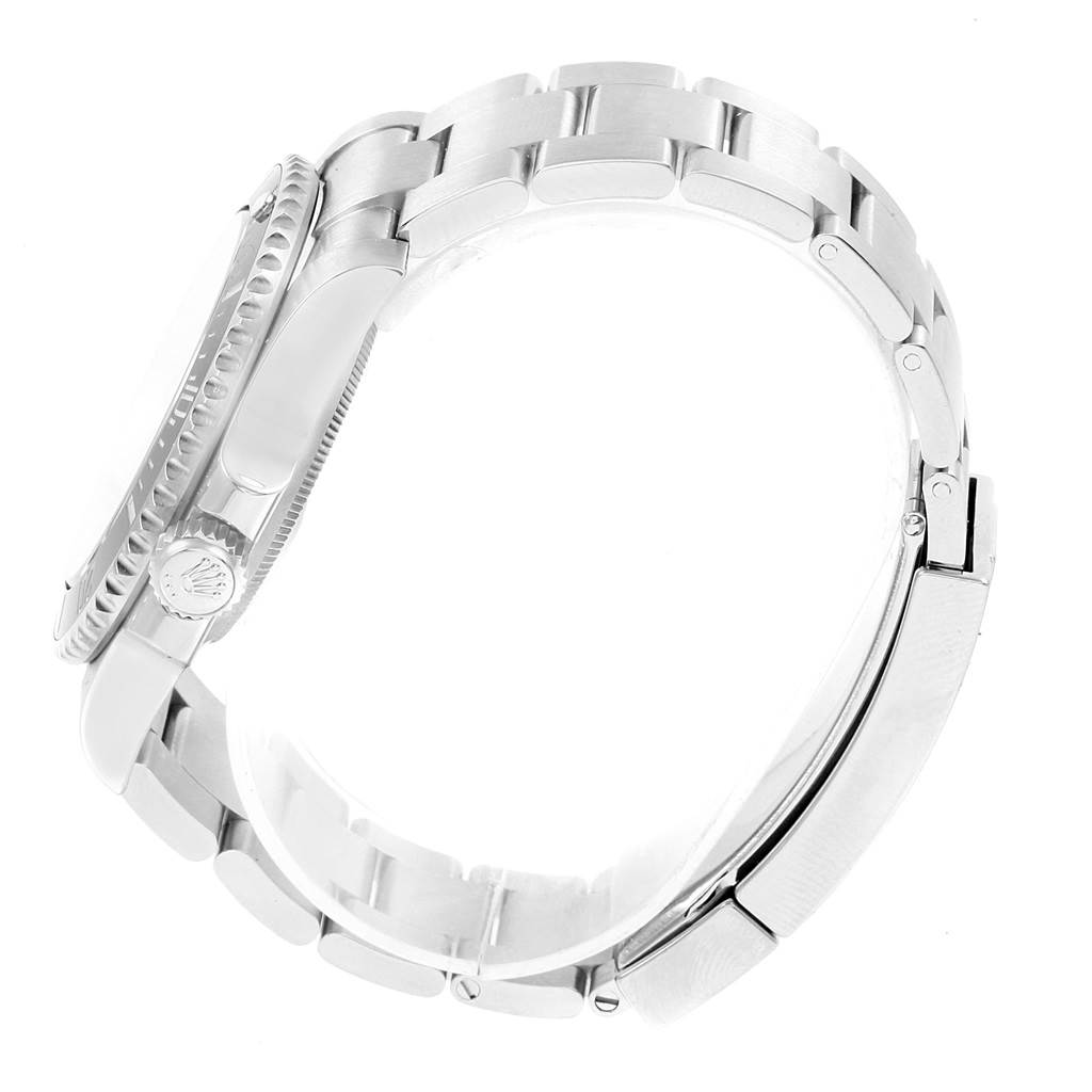 This image shows a side view of the Rolex Submariner 114060 Men's Stainless Steel Black Dial 114060 Men's Stainless Steel Black Dial watch, highlighting the bracelet, bezel, and the Rolex crown on the winding crown.