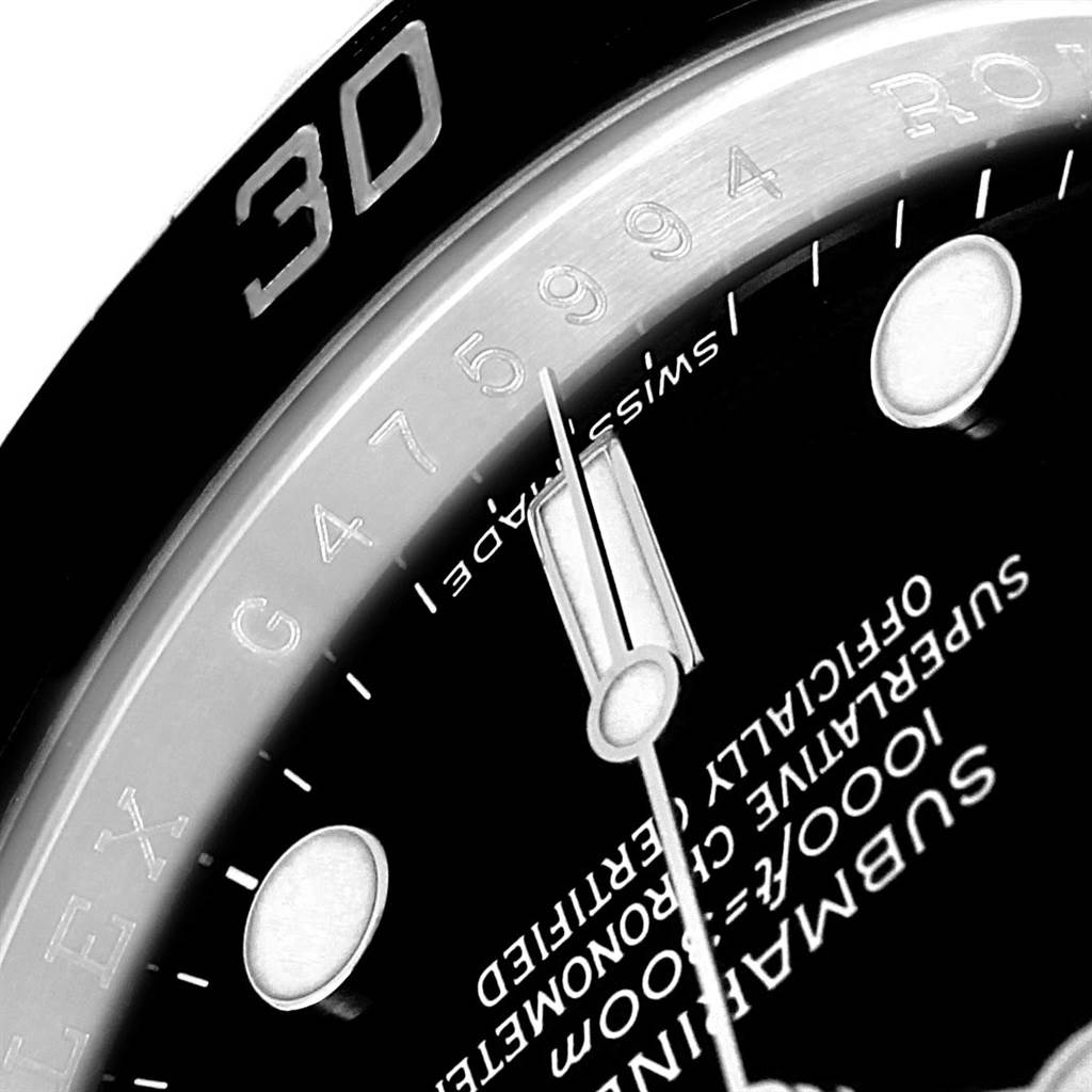 The image shows a close-up of the dial and bezel edge of a Rolex Submariner 116610 Men
s Stainless Steel Black Dial 116610 Men
s Stainless Steel Black Dial watch, highlighting the detailed markings.