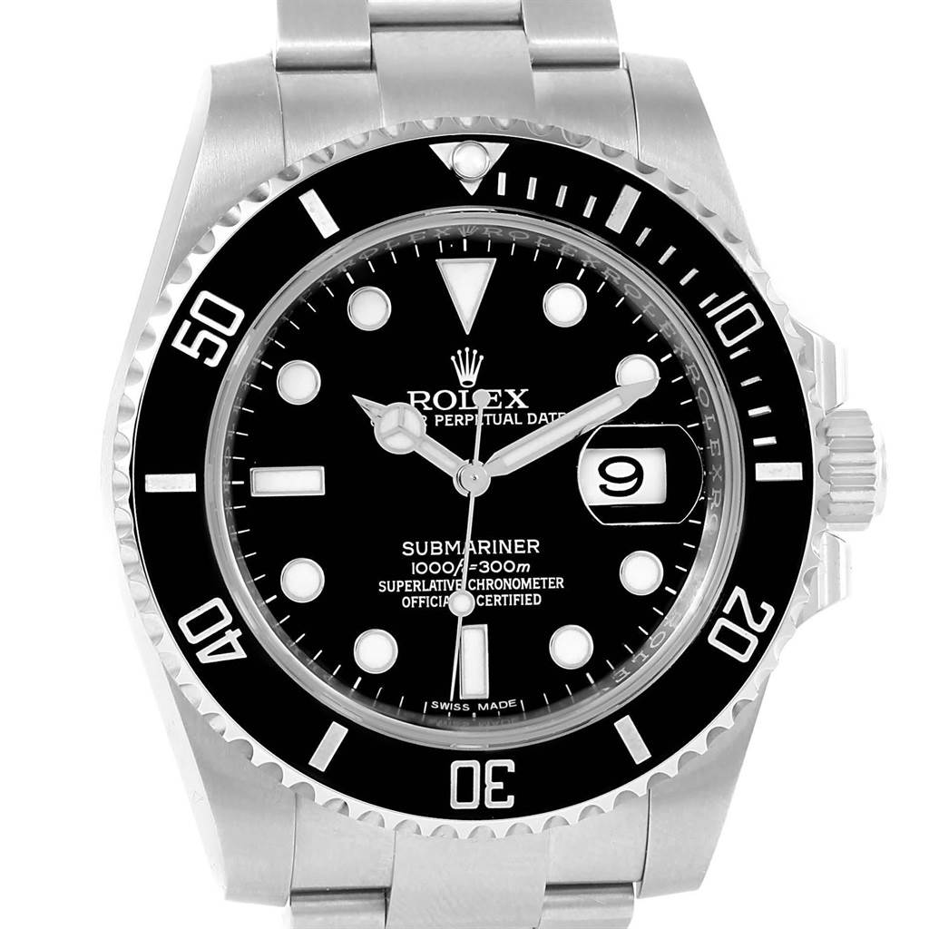 This image displays a front view of a Rolex Submariner 116610 Men
s Stainless Steel Black Dial 116610 Men
s Stainless Steel Black Dial watch, showing the bezel, dial, date window, and part of the bracelet.