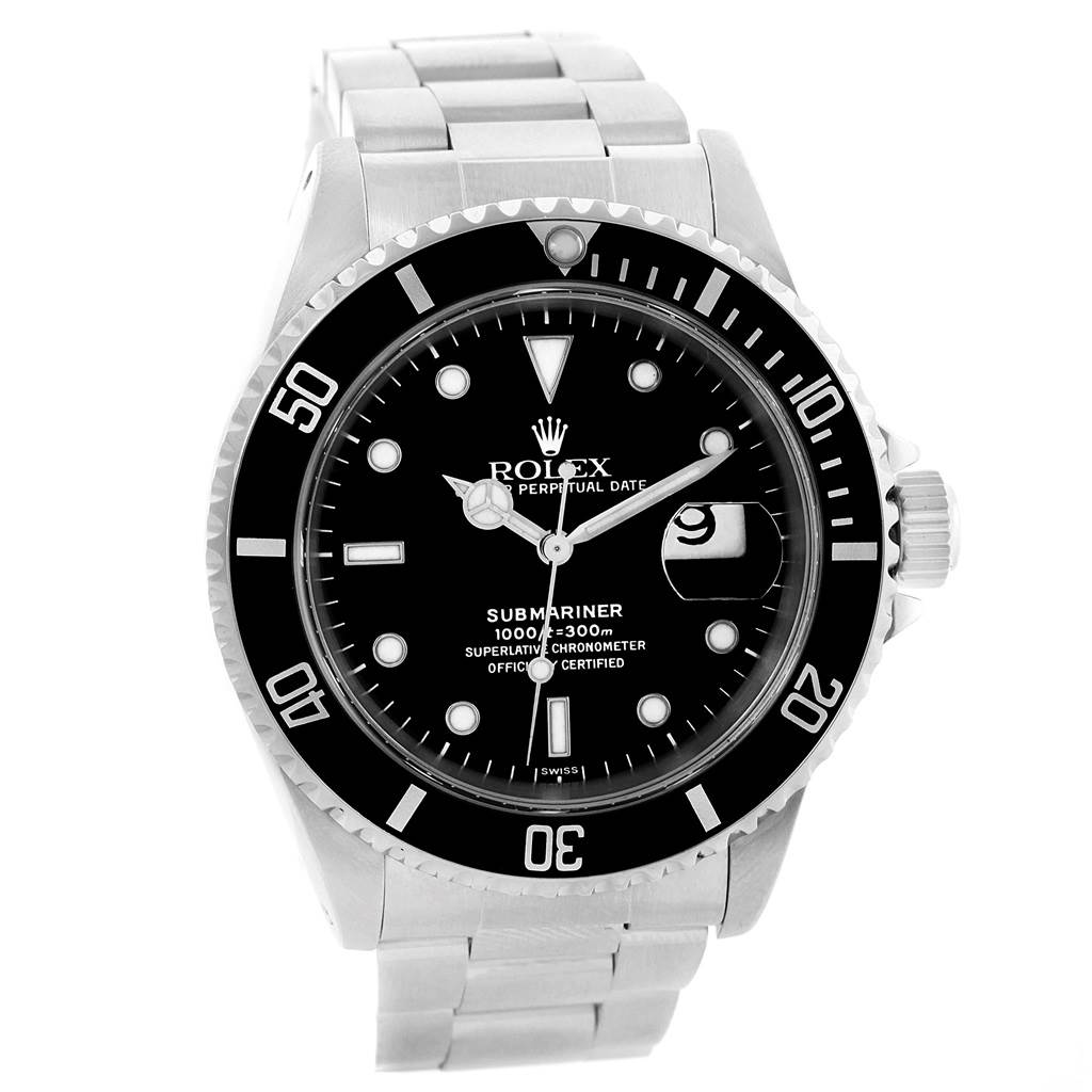 The Rolex Submariner 16610 Men
s Stainless Steel Black Dial 16610 Men
s Stainless Steel Black Dial watch is shown from a frontal angle, detailing the face, hour markers, bezel, crown, and bracelet.
