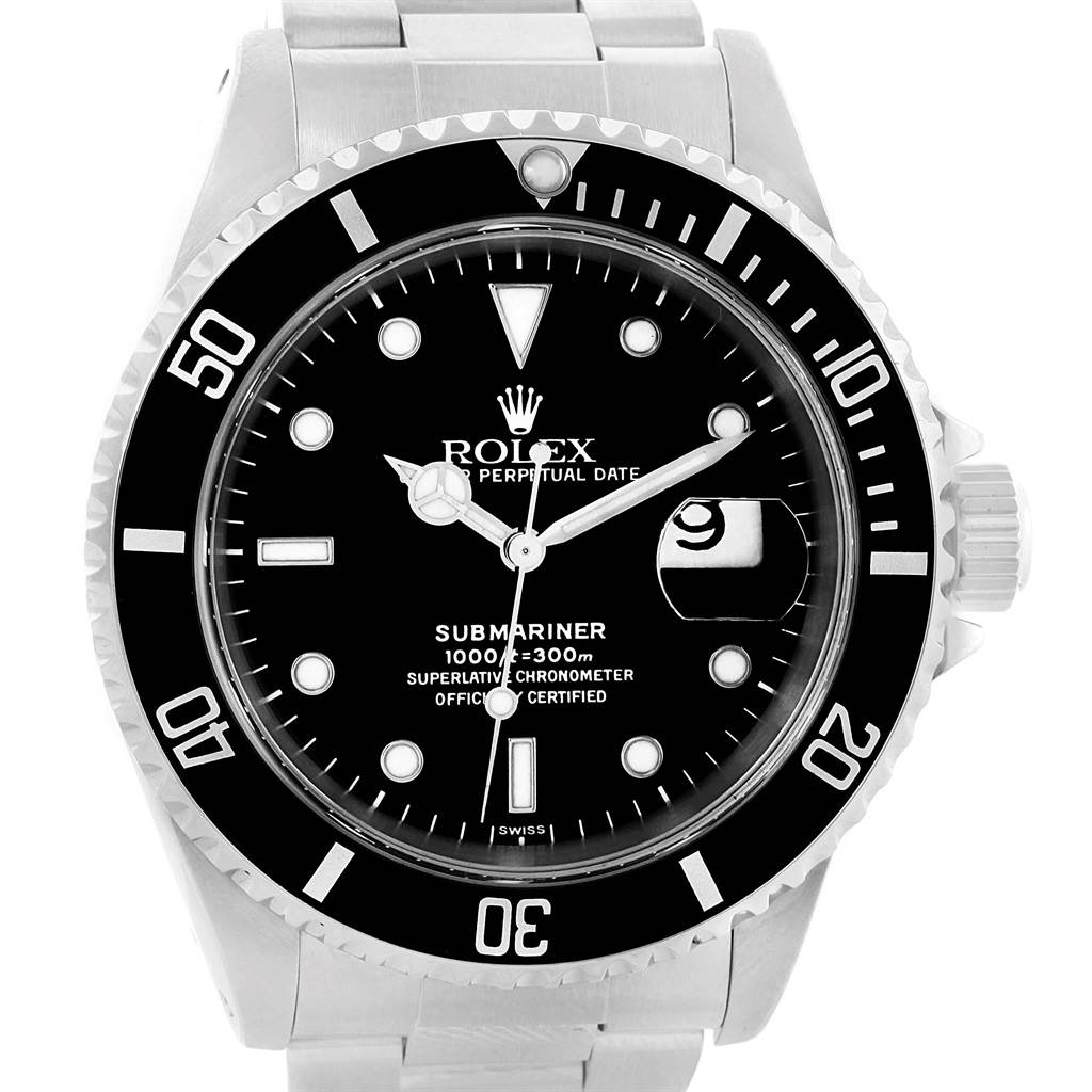 This image shows a front view of the Rolex Submariner 16610 Men
s Stainless Steel Black Dial 16610 Men
s Stainless Steel Black Dial watch, highlighting the dial, bezel, crown, and part of the bracelet.