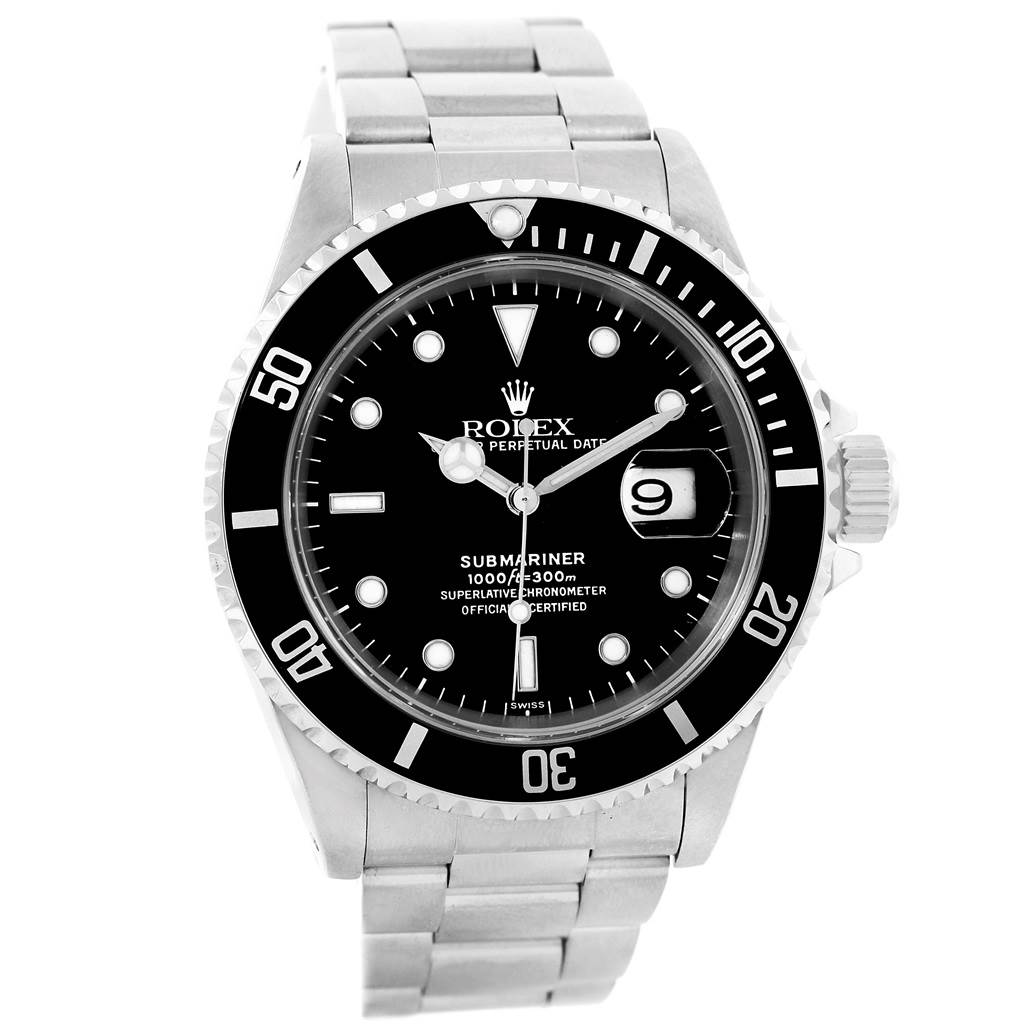 The image shows a front view of a Rolex Submariner 16610 Men
s Stainless Steel Black Dial 16610 Men
s Stainless Steel Black Dial watch, displaying its face, bezel, and metal bracelet.