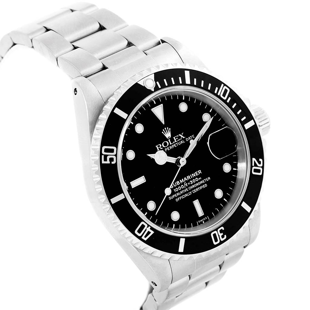 The image shows a top and side angle of a Rolex Submariner 16610 Men
s Stainless Steel Black Dial 16610 Men
s Stainless Steel Black Dial watch, highlighting its dial, bezel, and bracelet.