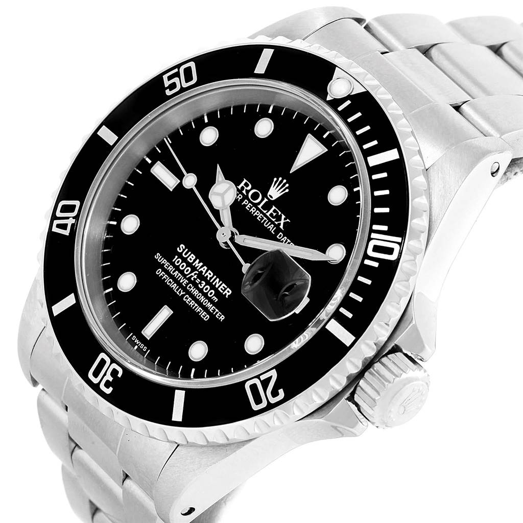 The image shows a close-up angled view of the face and bezel of a Rolex Submariner 16610 Men
s Stainless Steel Black Dial 16610 Men
s Stainless Steel Black Dial watch.