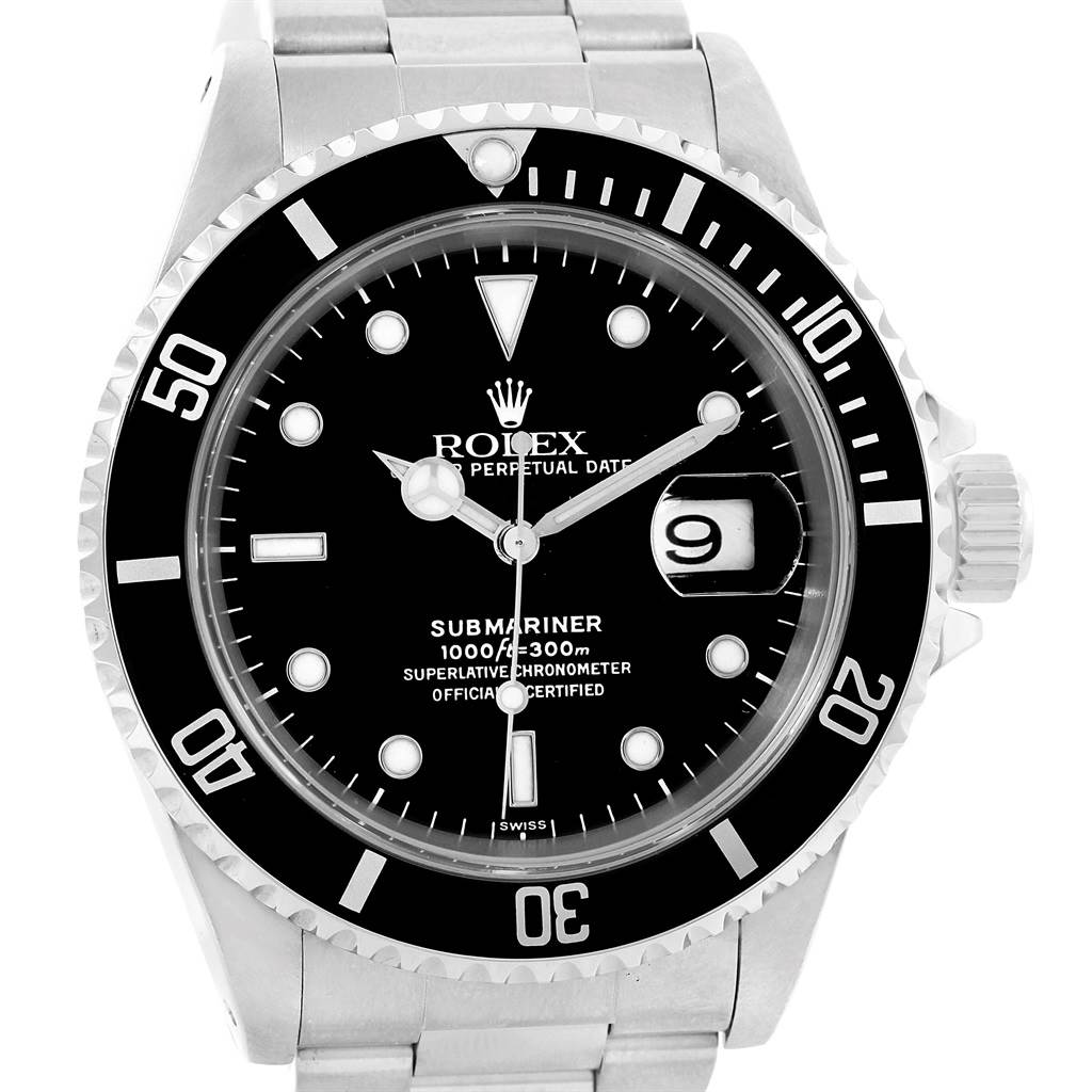 The image shows a front view of a Rolex Submariner 16610 Men
s Stainless Steel Black Dial 16610 Men
s Stainless Steel Black Dial, displaying the dial, bezel, and part of the stainless steel bracelet.