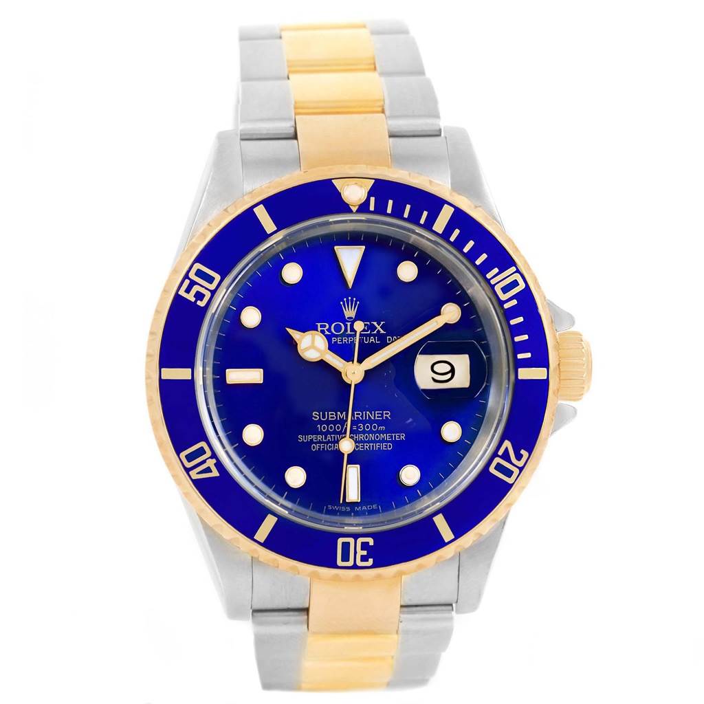 This image shows a front view of the Rolex Submariner 16613 Men
s Steel and Gold (two tone) Blue Dial 16613 Men
s Steel and Gold (two tone) Blue Dial watch with a blue dial, blue bezel, and two-tone gold and silver bracelet.