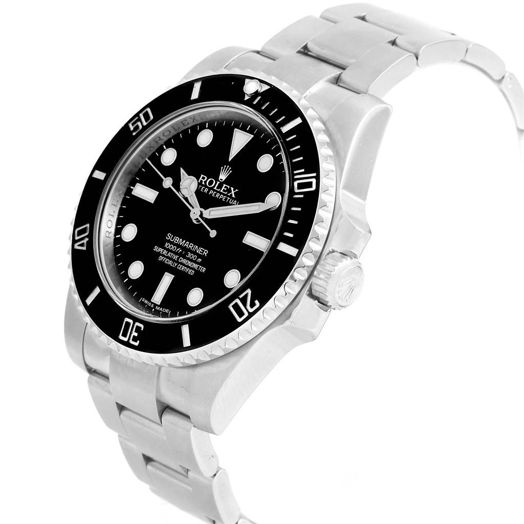 The Rolex Submariner 114060 Men
s Stainless Steel Black Dial 114060 Men
s Stainless Steel Black Dial watch is shown at an angle displaying the dial, bezel, bracelet, and crown.