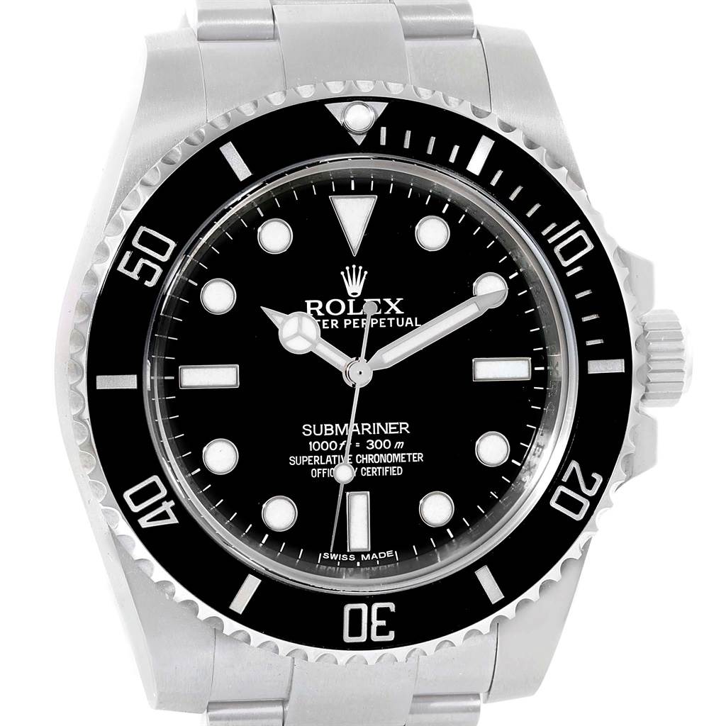 This image shows a front view of the Rolex Submariner 114060 Men
s Stainless Steel Black Dial 114060 Men
s Stainless Steel Black Dial, highlighting the dial, bezel, and bracelet.