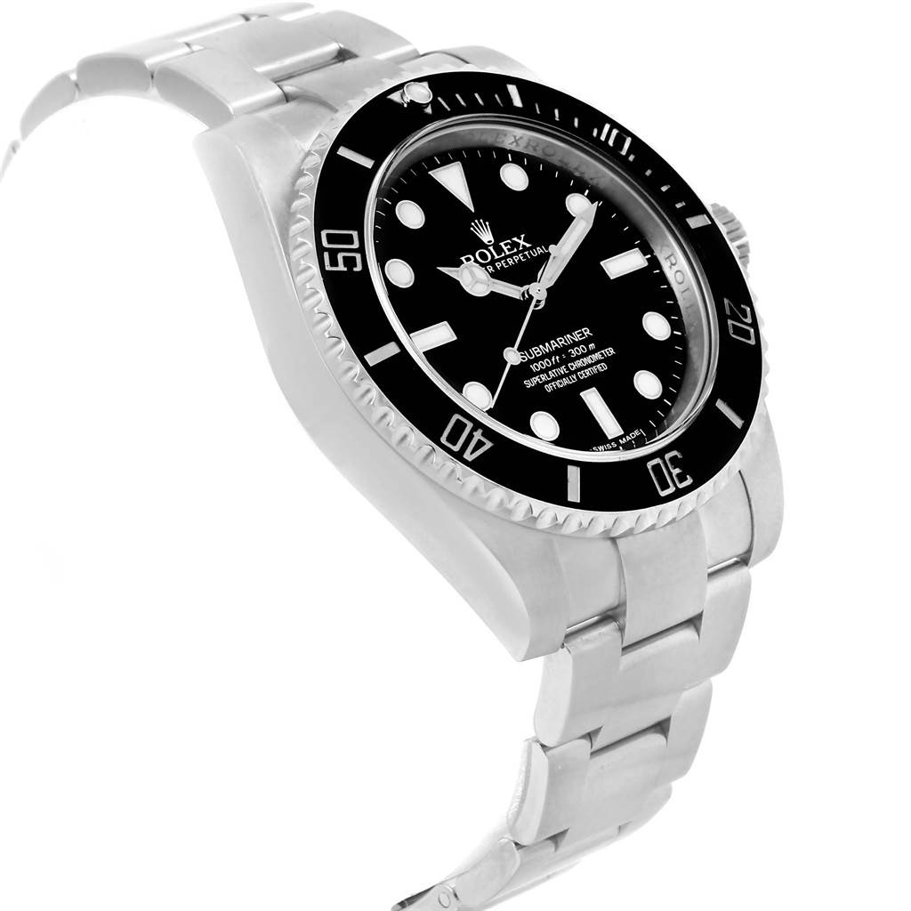 This image of a Rolex Submariner 114060 Men
s Stainless Steel Black Dial 114060 Men
s Stainless Steel Black Dial watch is taken from a top-side angle, prominently showing the dial, bezel, and bracelet.