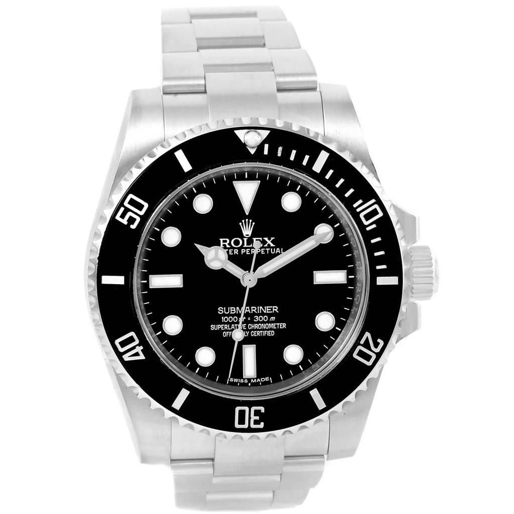 The image shows a frontal view of a Rolex Submariner 114060 Men
s Stainless Steel Black Dial 114060 Men
s Stainless Steel Black Dial watch, highlighting the dial, bezel, and bracelet.