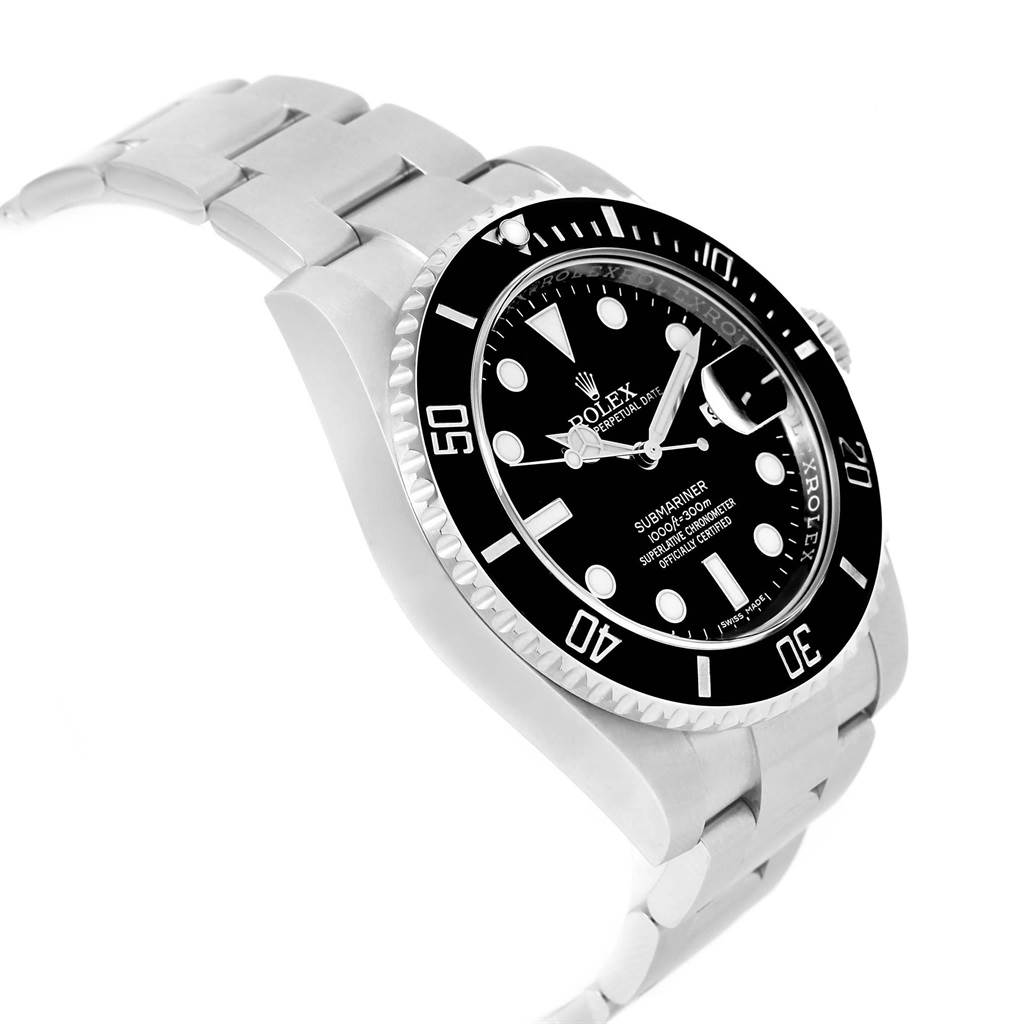 The image shows a left-side angle of the Rolex Submariner 116610 Men's Stainless Steel Black Dial 116610 Men's Stainless Steel Black Dial watch highlighting its bezel, dial, bracelet, and crown.