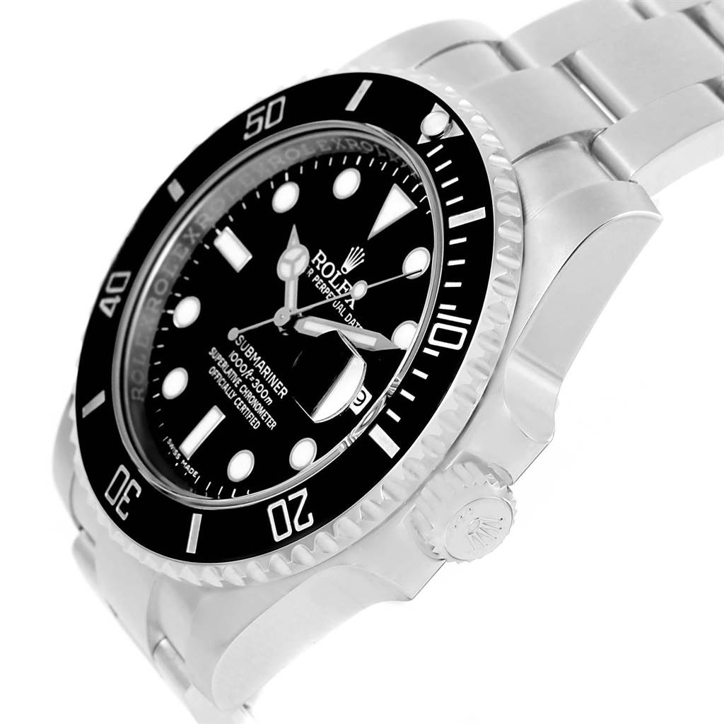 The image shows the dial, bezel, crown, and part of the bracelet of a Rolex Submariner 116610 Men's Stainless Steel Black Dial 116610 Men's Stainless Steel Black Dial watch from a slightly angled side view.