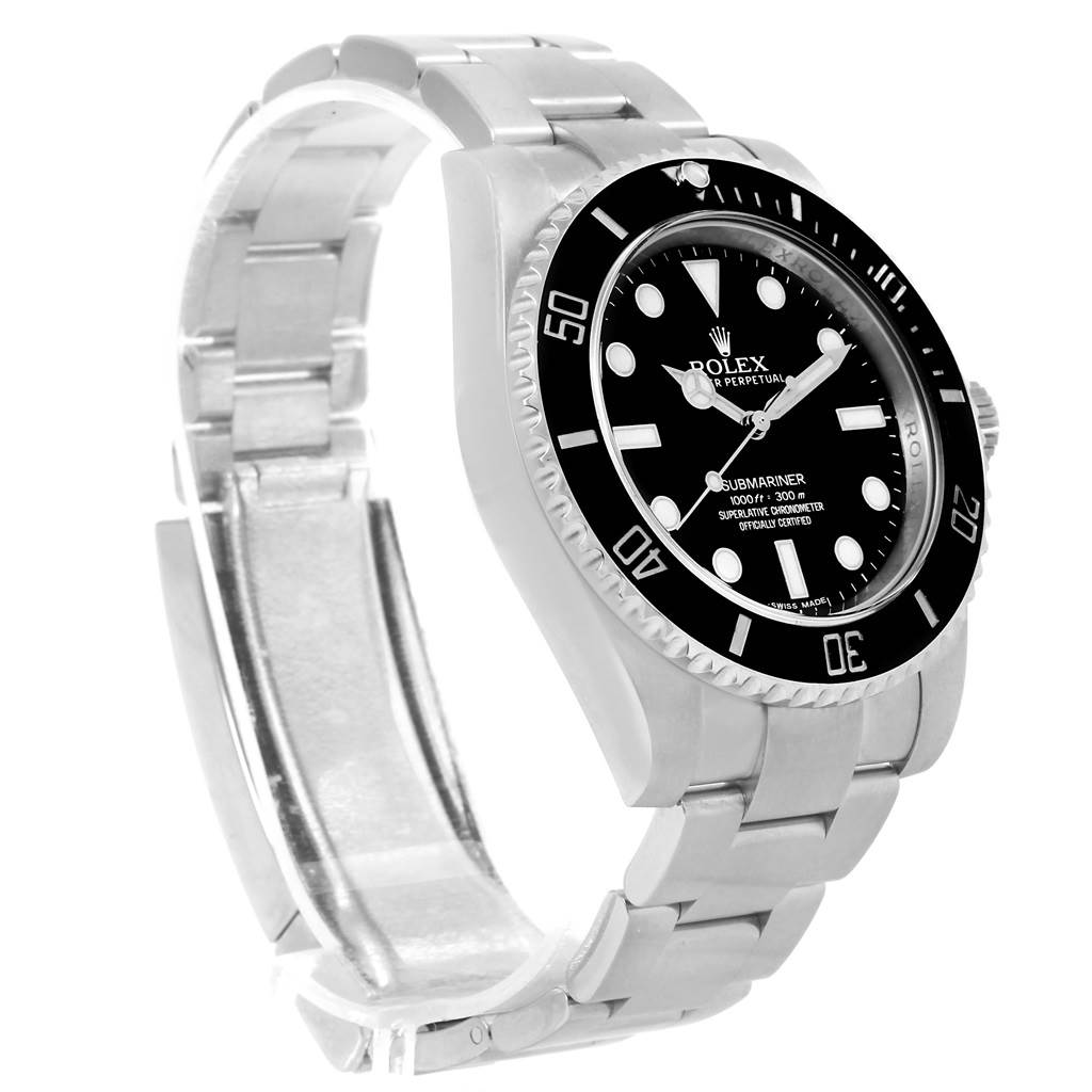 The image shows a side angle of the Rolex Submariner 114060 Men's Stainless Steel Black Dial 114060 Men's Stainless Steel Black Dial watch, highlighting its stainless steel bracelet and black bezel.