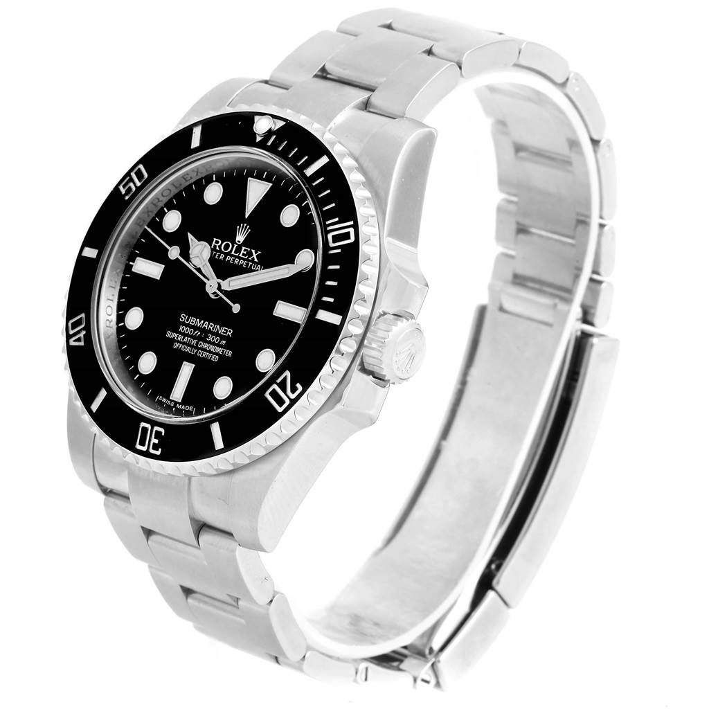 The Rolex Submariner 114060 Men's Stainless Steel Black Dial 114060 Men's Stainless Steel Black Dial watch is shown at a slight angle, highlighting the face, bezel, and part of the bracelet.