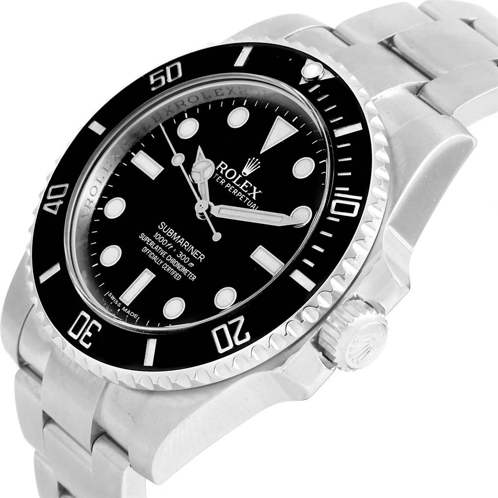 The image shows a side angle view of a Rolex Submariner 114060 Men's Stainless Steel Black Dial 114060 Men's Stainless Steel Black Dial watch, highlighting the face, bezel, and part of the bracelet.
