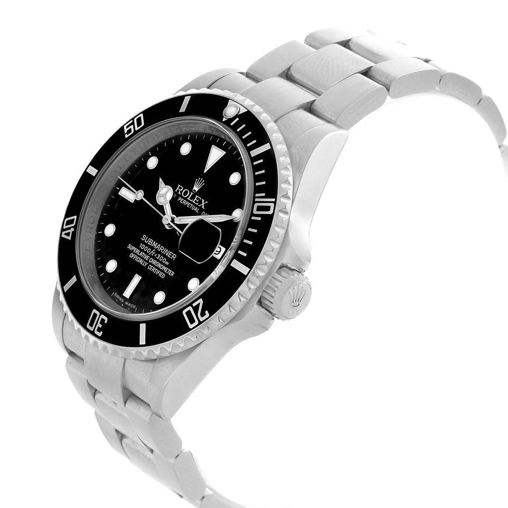 The image shows a side view of a Rolex Submariner 16610 Men
s Stainless Steel Black Dial 16610 Men
s Stainless Steel Black Dial watch, highlighting its bezel, dial, crown, and bracelet.