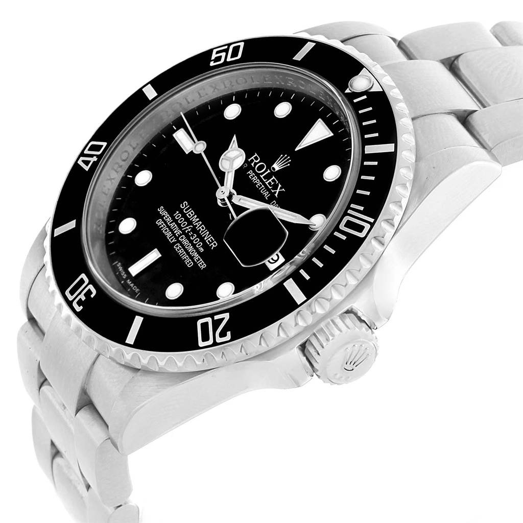 The Rolex Submariner 16610 Men
s Stainless Steel Black Dial 16610 Men
s Stainless Steel Black Dial watch is shown from an oblique angle, highlighting the watch face, bezel, and part of the bracelet.