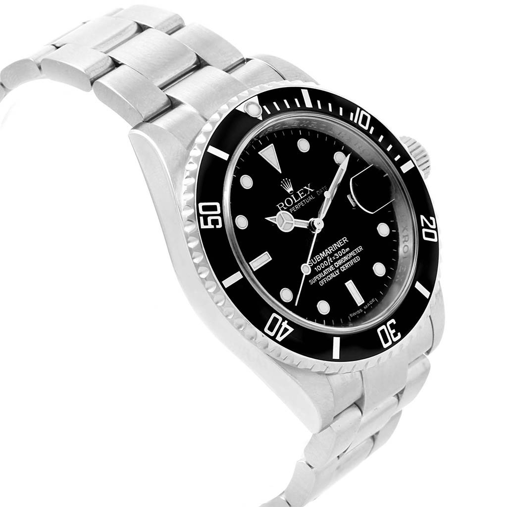 The image shows a Rolex Submariner 16610 Men
s Stainless Steel Black Dial 16610 Men
s Stainless Steel Black Dial watch at a three-quarter angle, highlighting the face, bezel, and steel bracelet.