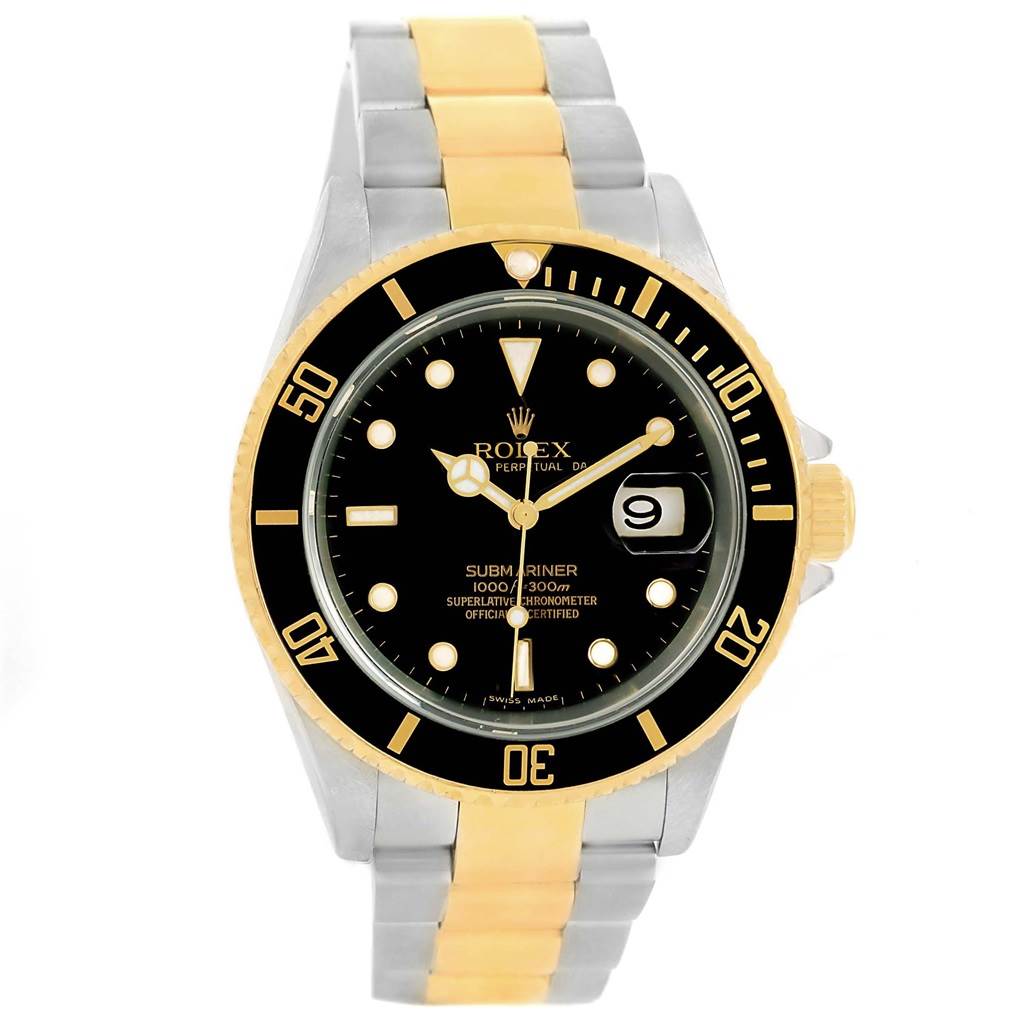 The Rolex Submariner 16613 Men's Steel and Gold (two tone) Black Dial 16613 Men's Steel and Gold (two tone) Black Dial watch is shown from a direct front angle, displaying its black dial, date window, and two-tone bracelet.