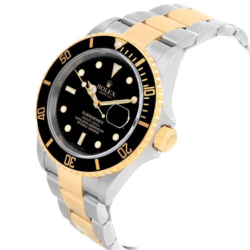 The image shows a side angle of a Rolex Submariner 16613 Men's Steel and Gold (two tone) Black Dial 16613 Men's Steel and Gold (two tone) Black Dial, highlighting its two-tone bracelet, black bezel, and black dial.