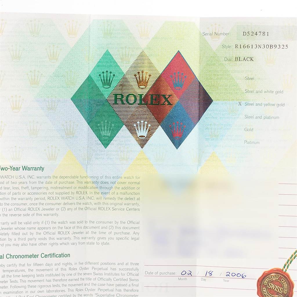 This image shows the warranty and certification papers for the Rolex Submariner 16613 Men's Steel and Gold (two tone) Black Dial 16613 Men's Steel and Gold (two tone) Black Dial watch, including serial and model numbers.