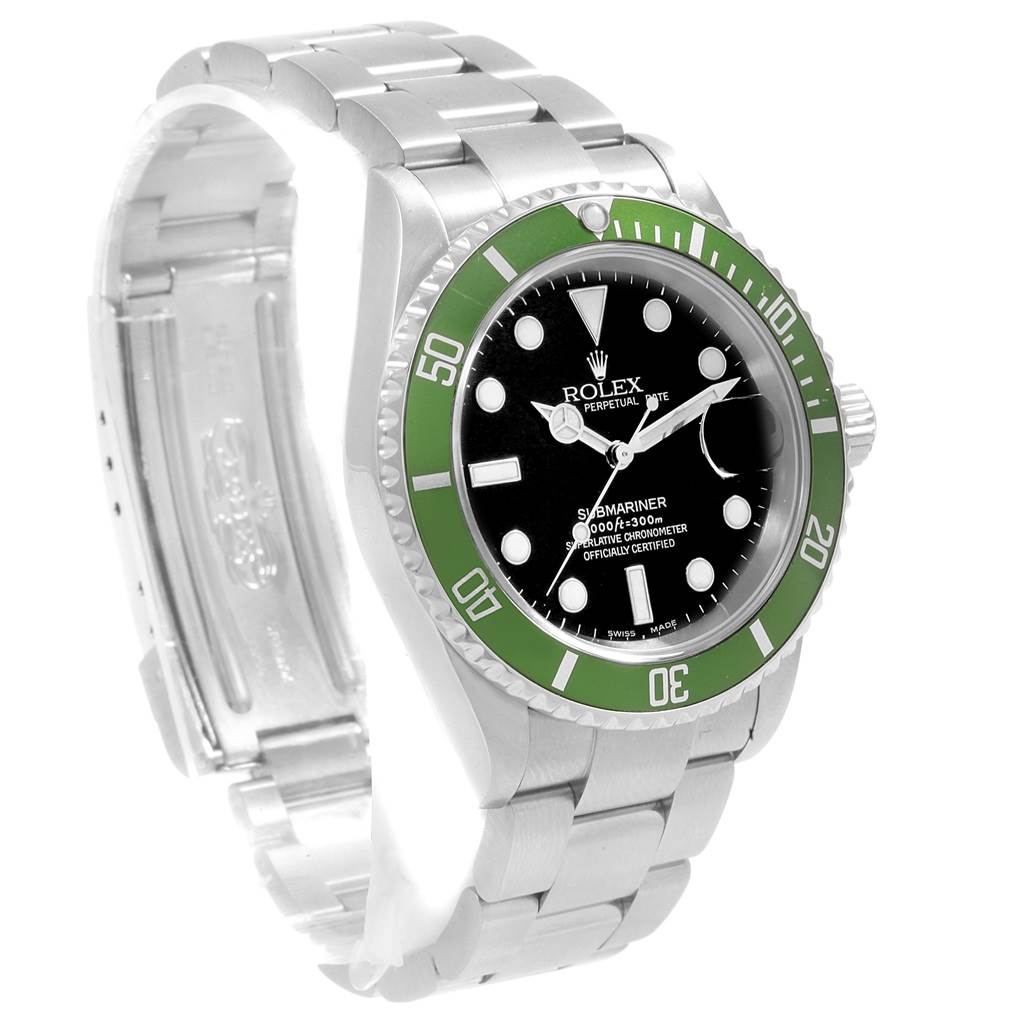 The image shows a Rolex Submariner 16610LV Men
s Stainless Steel Black Dial 16610LV Men
s Stainless Steel Black Dial watch at a 3/4 angle, highlighting its green bezel, black dial, and metal bracelet.