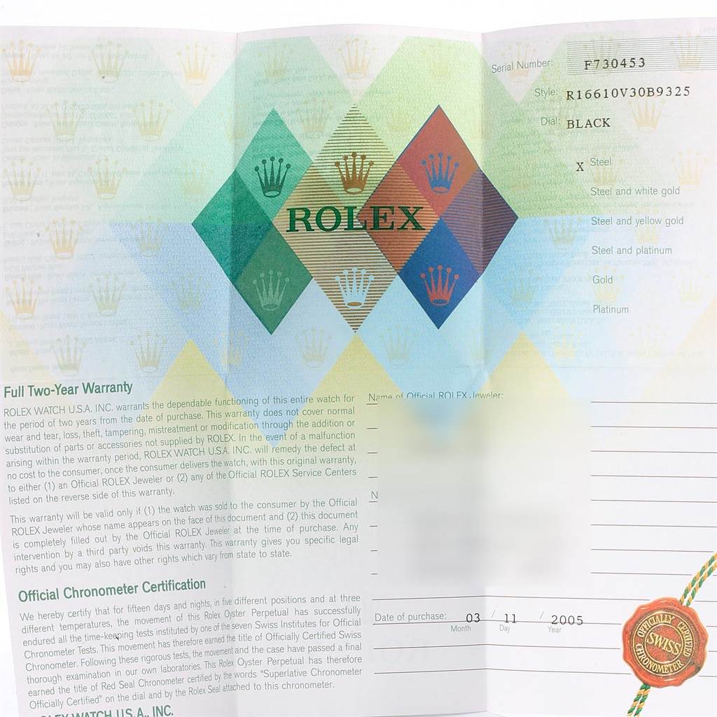 The image shows the warranty card and certification papers for a Rolex Submariner 16610LV Men
s Stainless Steel Black Dial 16610LV Men
s Stainless Steel Black Dial, detailing model and specifications.