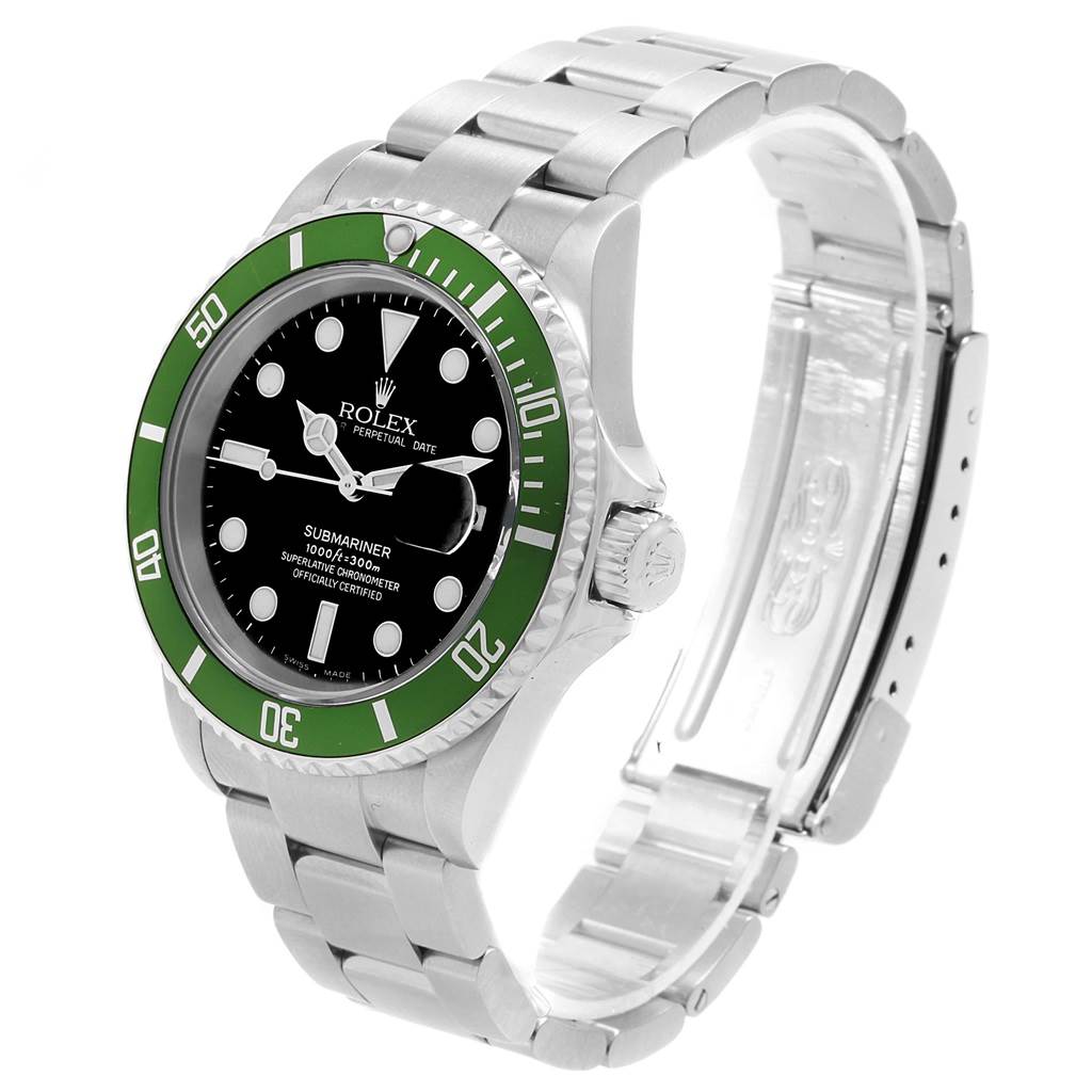 The image shows a side view of the Rolex Submariner 16610LV Men
s Stainless Steel Black Dial 16610LV Men
s Stainless Steel Black Dial watch, highlighting its green bezel, black dial, and stainless steel bracelet.