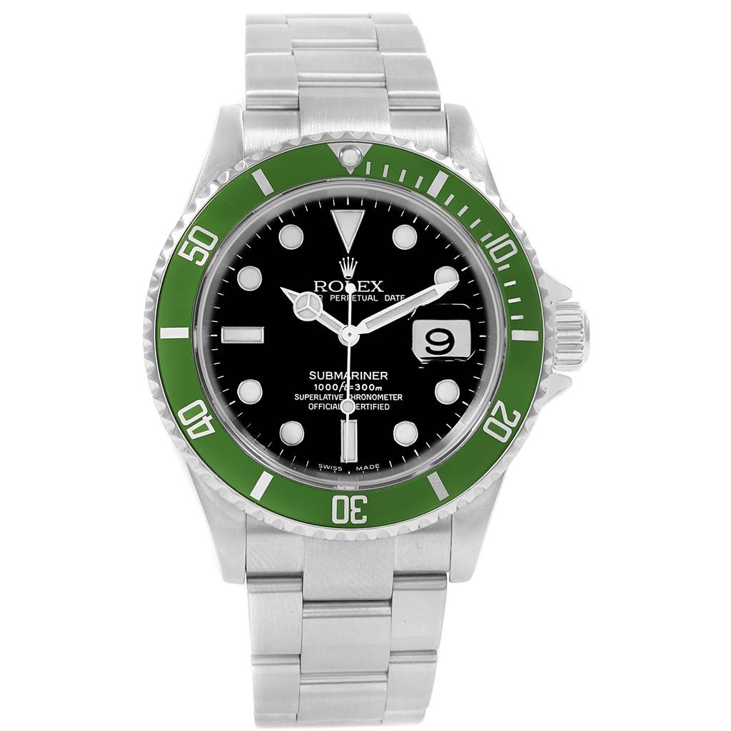 This is a front view of a Rolex Submariner 16610LV Men
s Stainless Steel Black Dial 16610LV Men
s Stainless Steel Black Dial watch showing the black dial, date window, green bezel, and stainless steel bracelet.