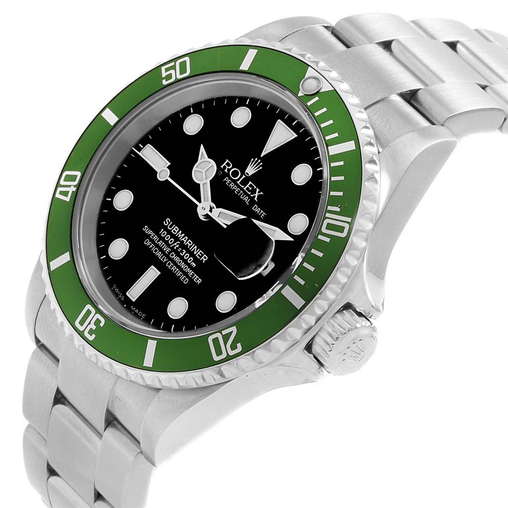 The image displays a Rolex Submariner 16610LV Men
s Stainless Steel Black Dial 16610LV Men
s Stainless Steel Black Dial watch at an angled view showing its green bezel, black dial, and stainless steel bracelet.