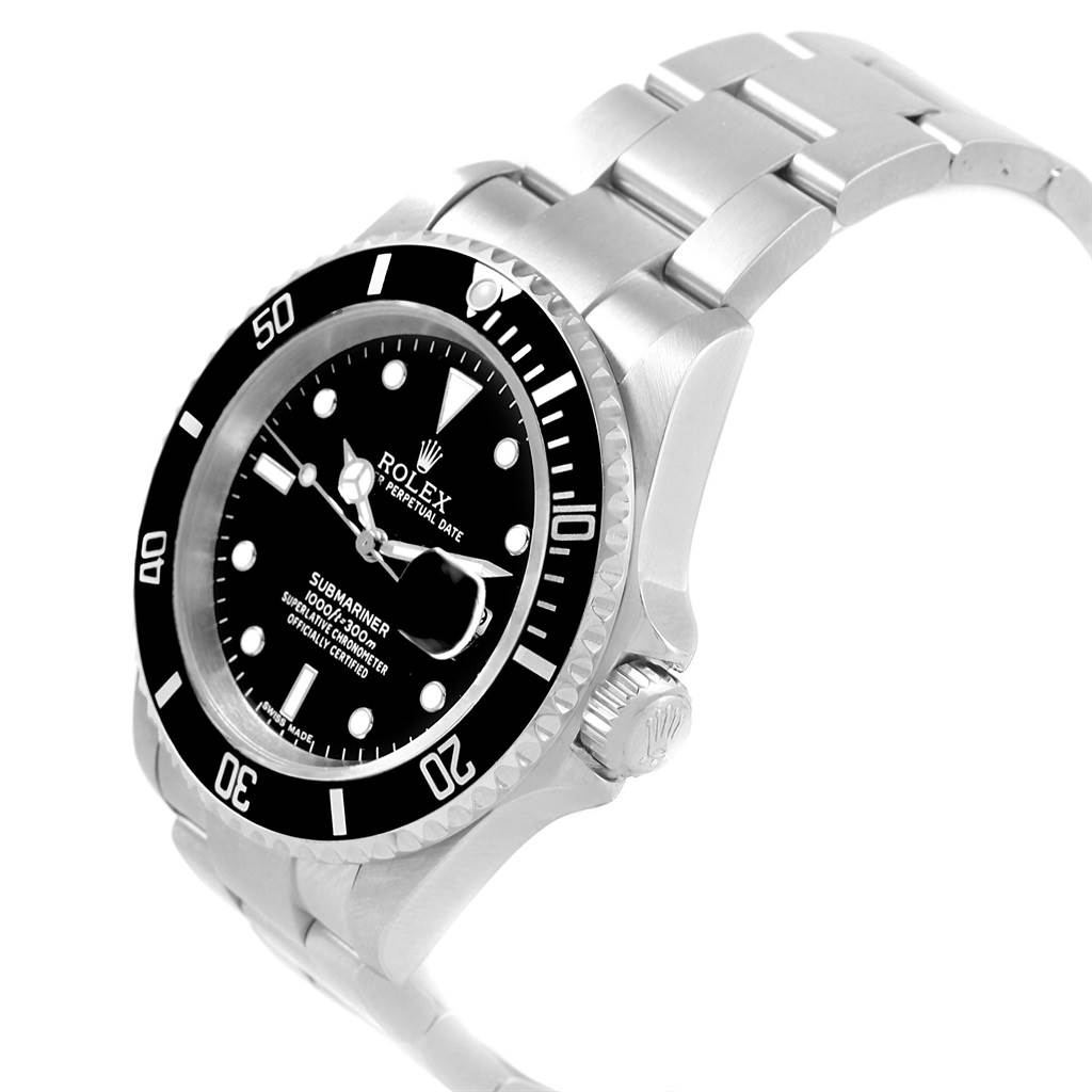 The Rolex Submariner 16610 Men
s Stainless Steel Black Dial 16610 Men
s Stainless Steel Black Dial watch is shown from an angled side view, highlighting its face, crown, and bracelet.
