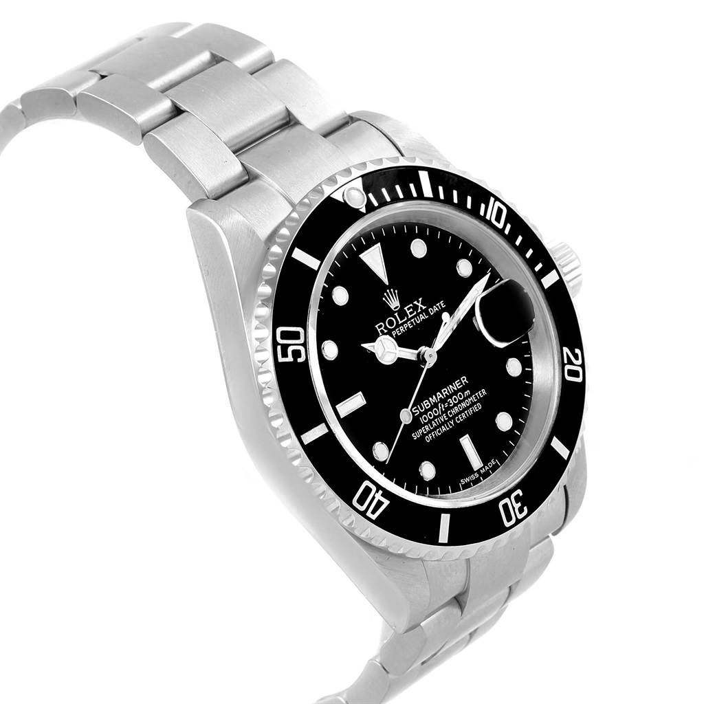 The image shows a side-angle view of the Rolex Submariner 16610 Men
s Stainless Steel Black Dial 16610 Men
s Stainless Steel Black Dial watch, highlighting its black dial, bezel, and stainless steel bracelet.