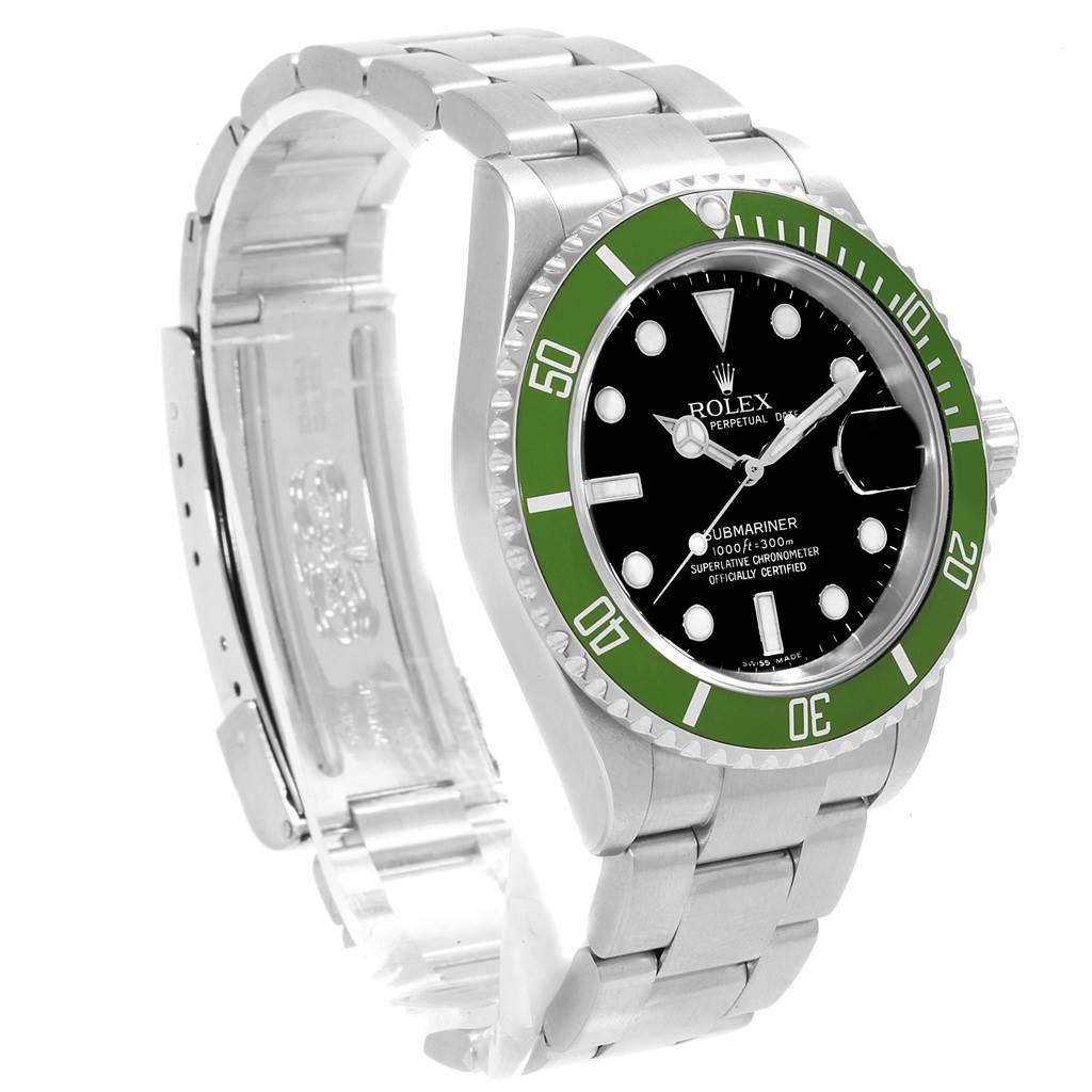 The image shows a Rolex Submariner 16610LV Men
s Stainless Steel Black Dial 16610LV Men
s Stainless Steel Black Dial watch at an angled side view, displaying its bezel, dial, and bracelet.