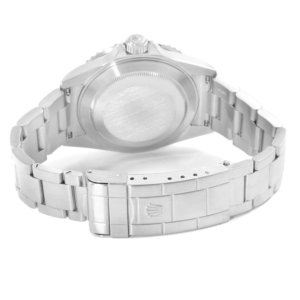 The image shows the back case and bracelet with clasp of a Rolex Submariner 16610LV Men
s Stainless Steel Black Dial 16610LV Men
s Stainless Steel Black Dial watch from a rear angle.