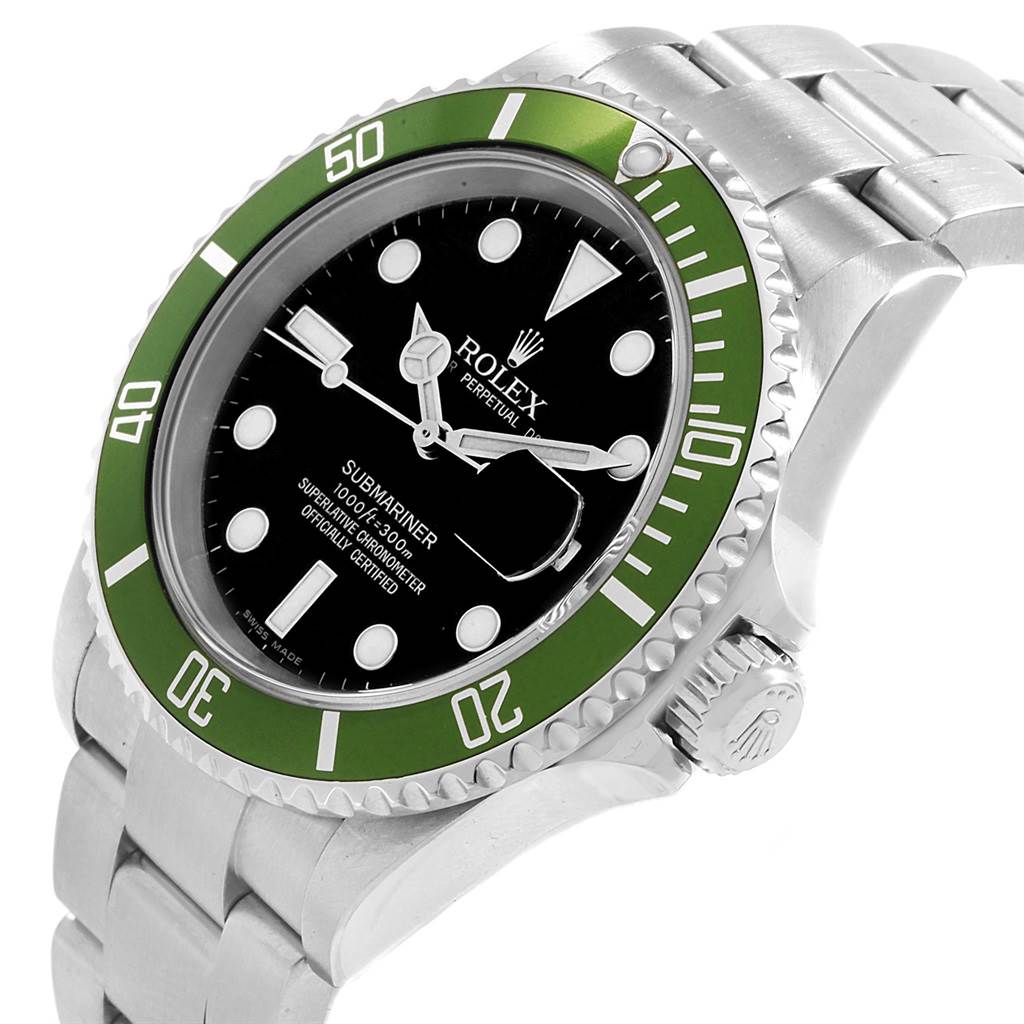 The Rolex Submariner 16610LV Men
s Stainless Steel Black Dial 16610LV Men
s Stainless Steel Black Dial watch is shown at a slight angle, displaying its green bezel, black dial, and stainless steel bracelet.