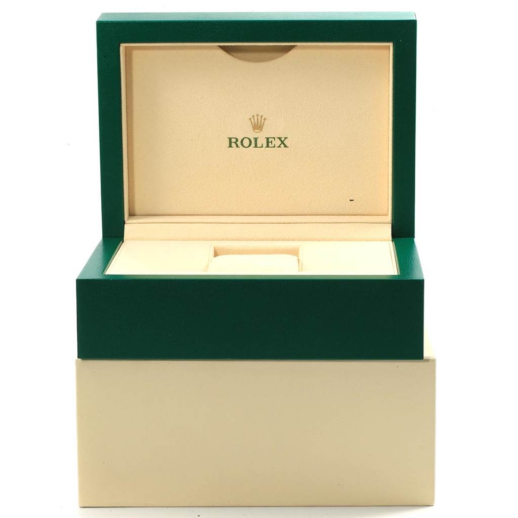 The image shows a green and beige watch box for a Rolex Submariner 116610 Men
s Stainless Steel Black Dial 116610 Men
s Stainless Steel Black Dial model, with the lid open.