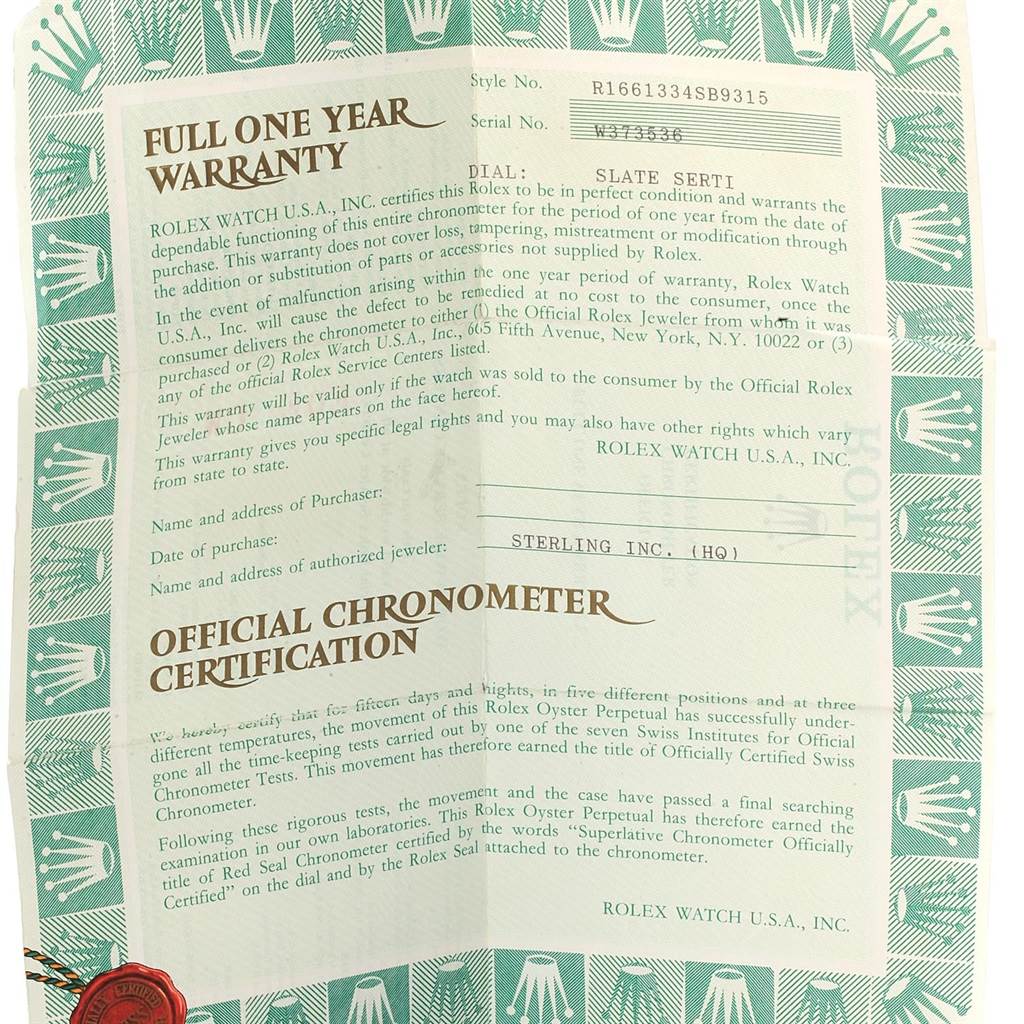 This image shows the official warranty and chronometer certification document for a Rolex Submariner 16613 Men
s Steel and Gold (two tone) Grey Dial 16613 Men
s Steel and Gold (two tone) Grey Dial watch.