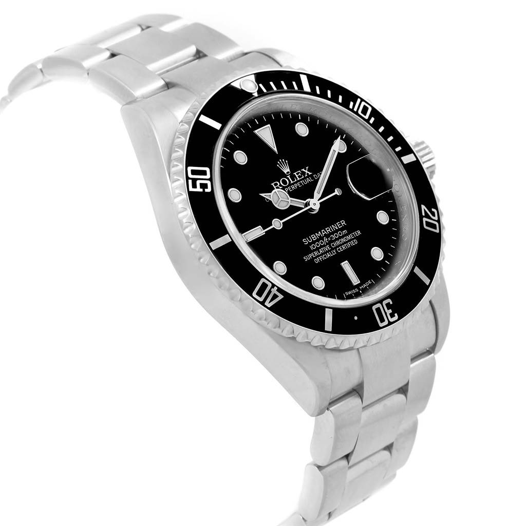 The image shows a Rolex Submariner 16610 Men
s Stainless Steel Black Dial 16610 Men
s Stainless Steel Black Dial watch at a three-quarter angle, highlighting its black bezel, dial, and stainless steel bracelet.