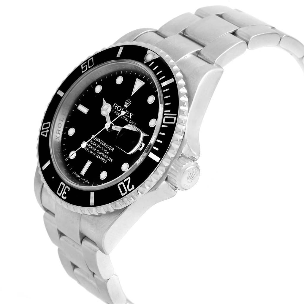 The image shows a Rolex Submariner 16610 Men
s Stainless Steel Black Dial 16610 Men
s Stainless Steel Black Dial watch angled to display the face, bezel, and part of the metal bracelet.