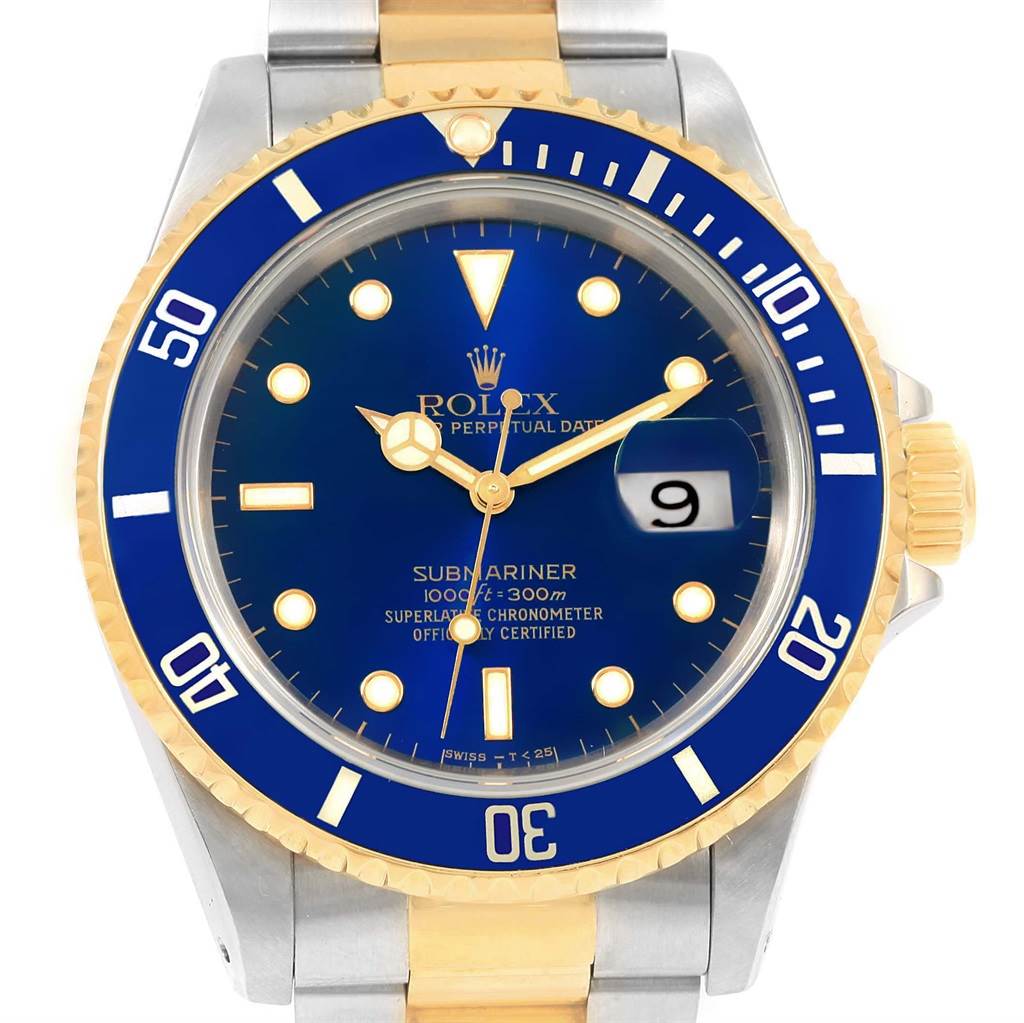 The image shows a frontal view of a Rolex Submariner 16613 Men's Steel and Gold (two tone) Blue Dial 16613 Men's Steel and Gold (two tone) Blue Dial watch, highlighting its blue dial, bezel, and date display.