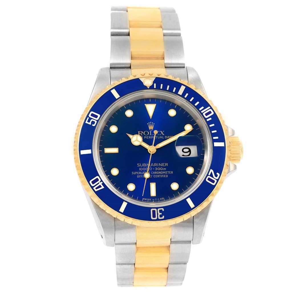 The image shows the full front view of a Rolex Submariner 16613 Men's Steel and Gold (two tone) Blue Dial 16613 Men's Steel and Gold (two tone) Blue Dial, highlighting its blue dial, blue and gold bezel, and two-tone bracelet.