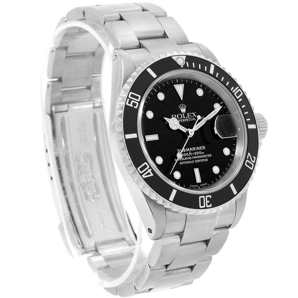 The image shows a stainless steel Rolex Submariner 16610 Men
s Stainless Steel Black Dial 16610 Men
s Stainless Steel Black Dial watch at a slight angle, displaying the face, bezel, and part of the bracelet.