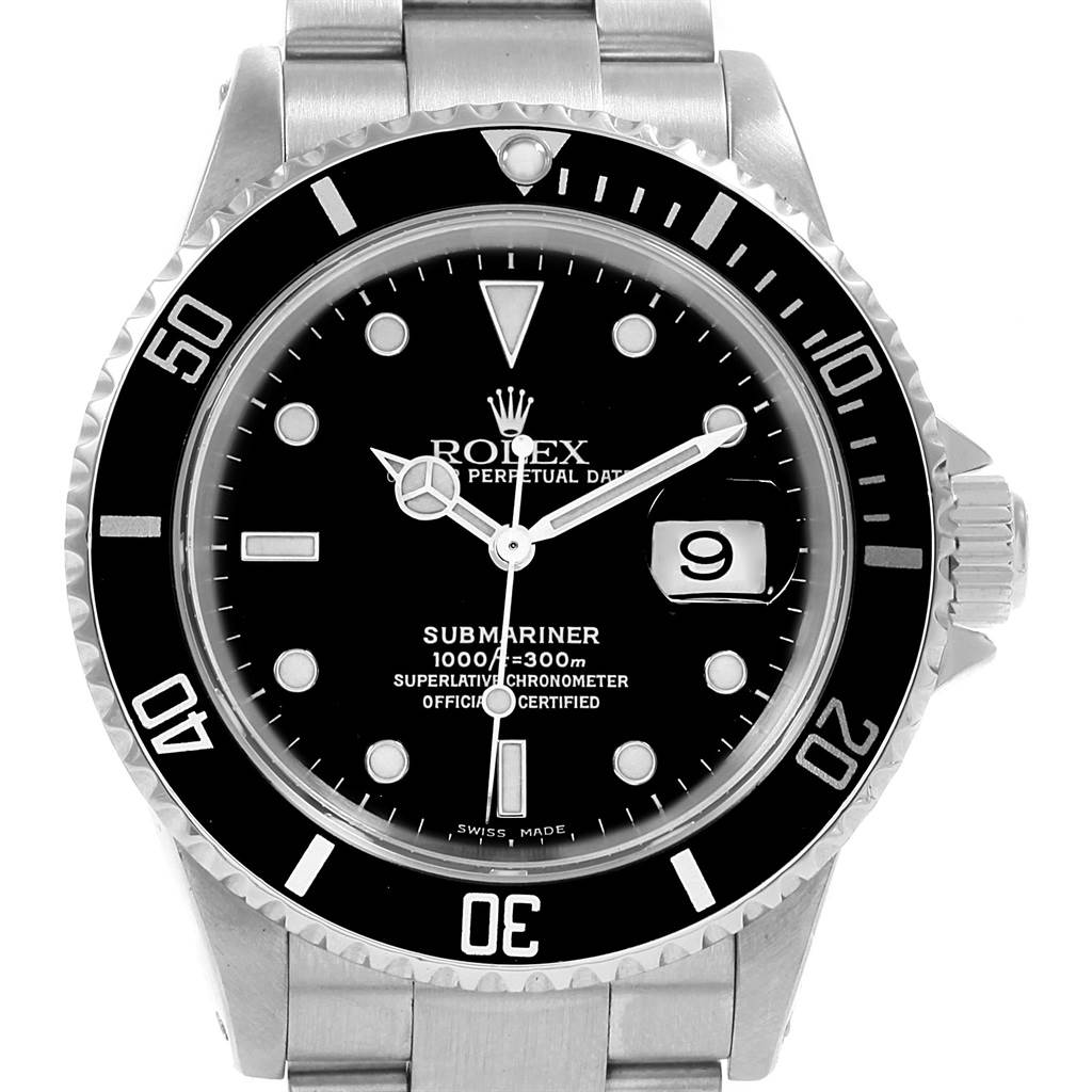 The image shows a front view of a Rolex Submariner 16610 Men
s Stainless Steel Black Dial 16610 Men
s Stainless Steel Black Dial watch, highlighting the dial, bezel, and bracelet.