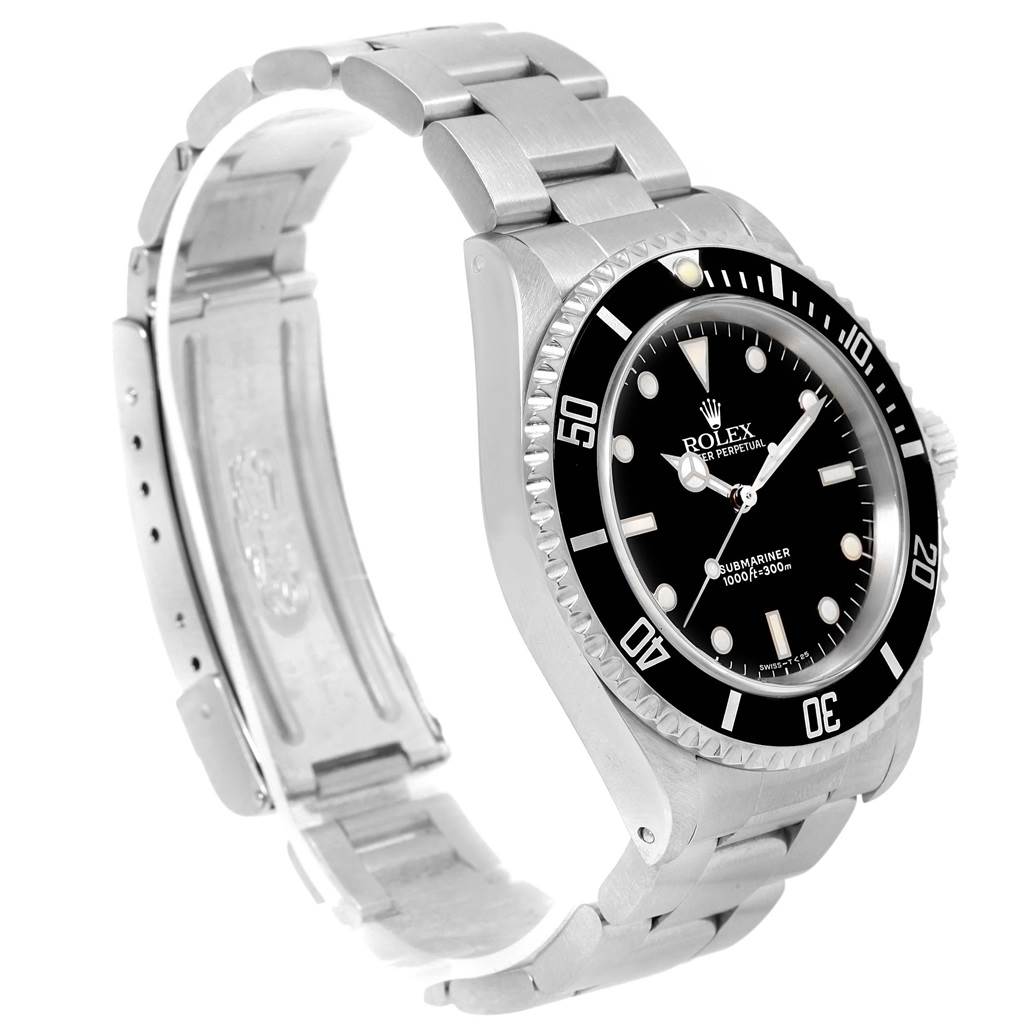 The image shows a Rolex Submariner 14060 Men
s Stainless Steel Black Dial 14060 Men
s Stainless Steel Black Dial watch from a side angle, highlighting the face, bezel, and stainless steel bracelet.