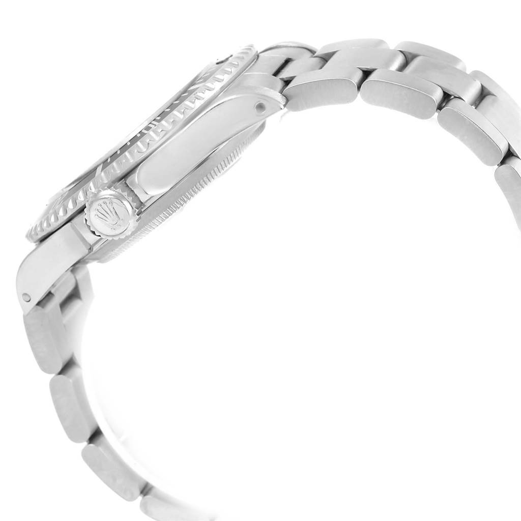 The image shows a side view of the Rolex Submariner 14060 Men
s Stainless Steel Black Dial 14060 Men
s Stainless Steel Black Dial watch, highlighting the crown, bezel, and bracelet.