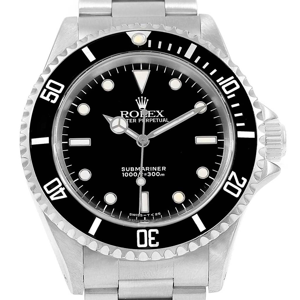 This image shows a frontal view of the Rolex Submariner 14060 Men
s Stainless Steel Black Dial 14060 Men
s Stainless Steel Black Dial watch, highlighting the dial, bezel, and part of the bracelet.